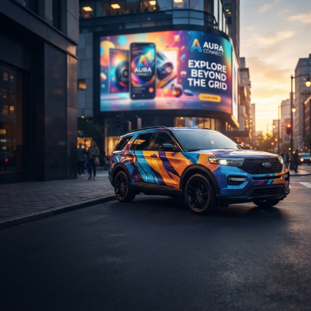 A sleek vehicle with a bold full wrap parked in front of an illuminated brand billboard at golden hour