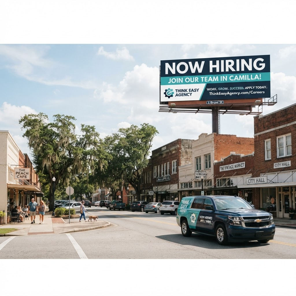 A Think Easy Agency 'Now Hiring' billboard mockup and a wrapped vehicle on a downtown street in Camilla, Georgia