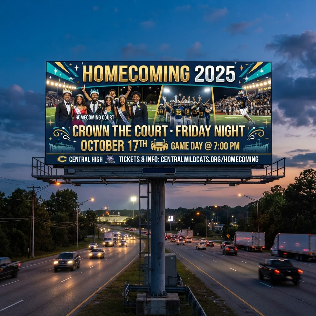 A roadside digital billboard advertising a homecoming court celebration and Friday night game