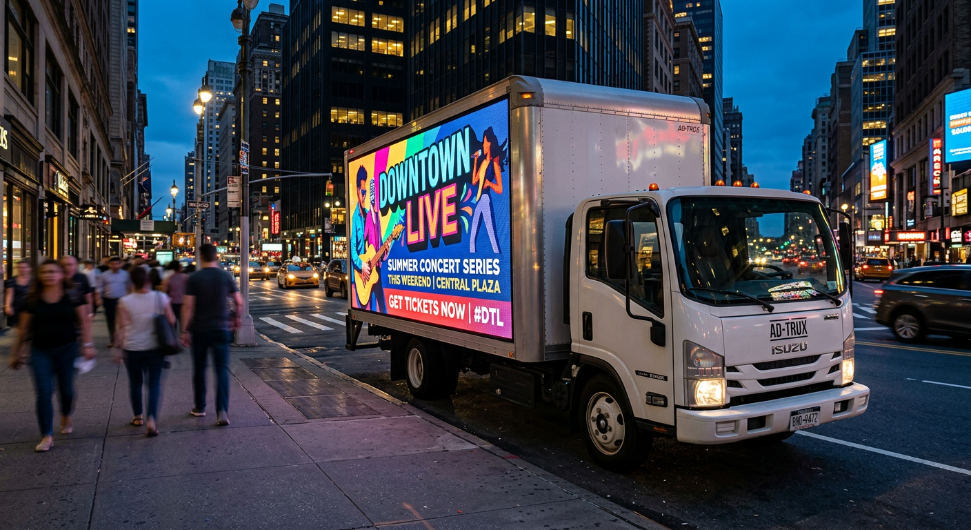 A box truck with a large glowing LED billboard screen displaying a colorful ad, parked on a downtown street at dusk
