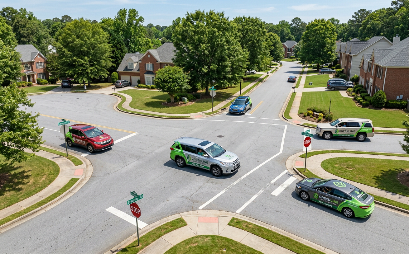 Aerial view of several commuter cars across a neighborhood, all carrying the same GreenLine Landscaping advertisement