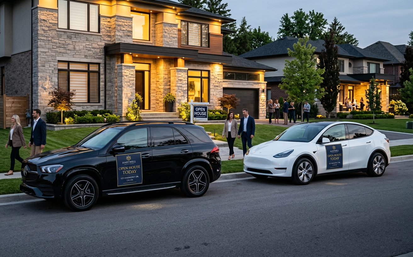 Two premium ambassador vehicles parked outside an open house, each with an elegant Hartwell Realty door advertisement